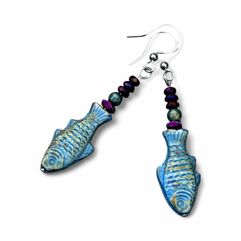Handcrafted Blue Fish Dangle Earrings - Picture 6 of 7